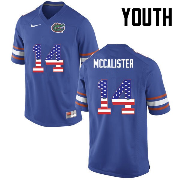 Florida Gators Youth #14 Alex McCalister College Football USA Flag Fashion Blue